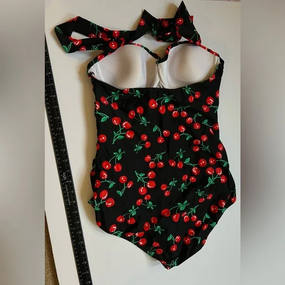 Retro 50s Inspired Cherry Print Black and Red Swimsuit Size 3XL - Picture 2 of 7